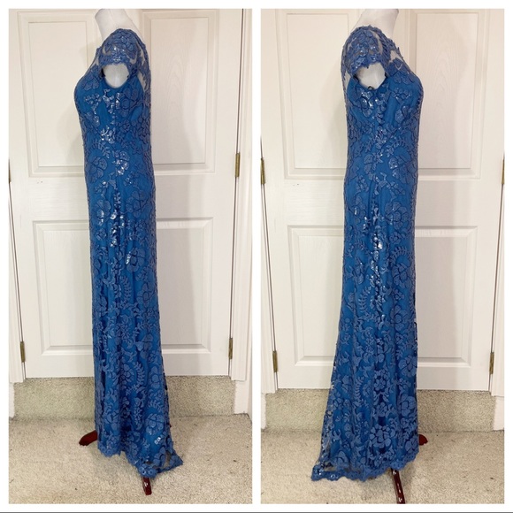 Tadashi Shoji PAILLETTE EMBROIDERED LACE CAP SLEEVE GOWN - Picture 4 of 10